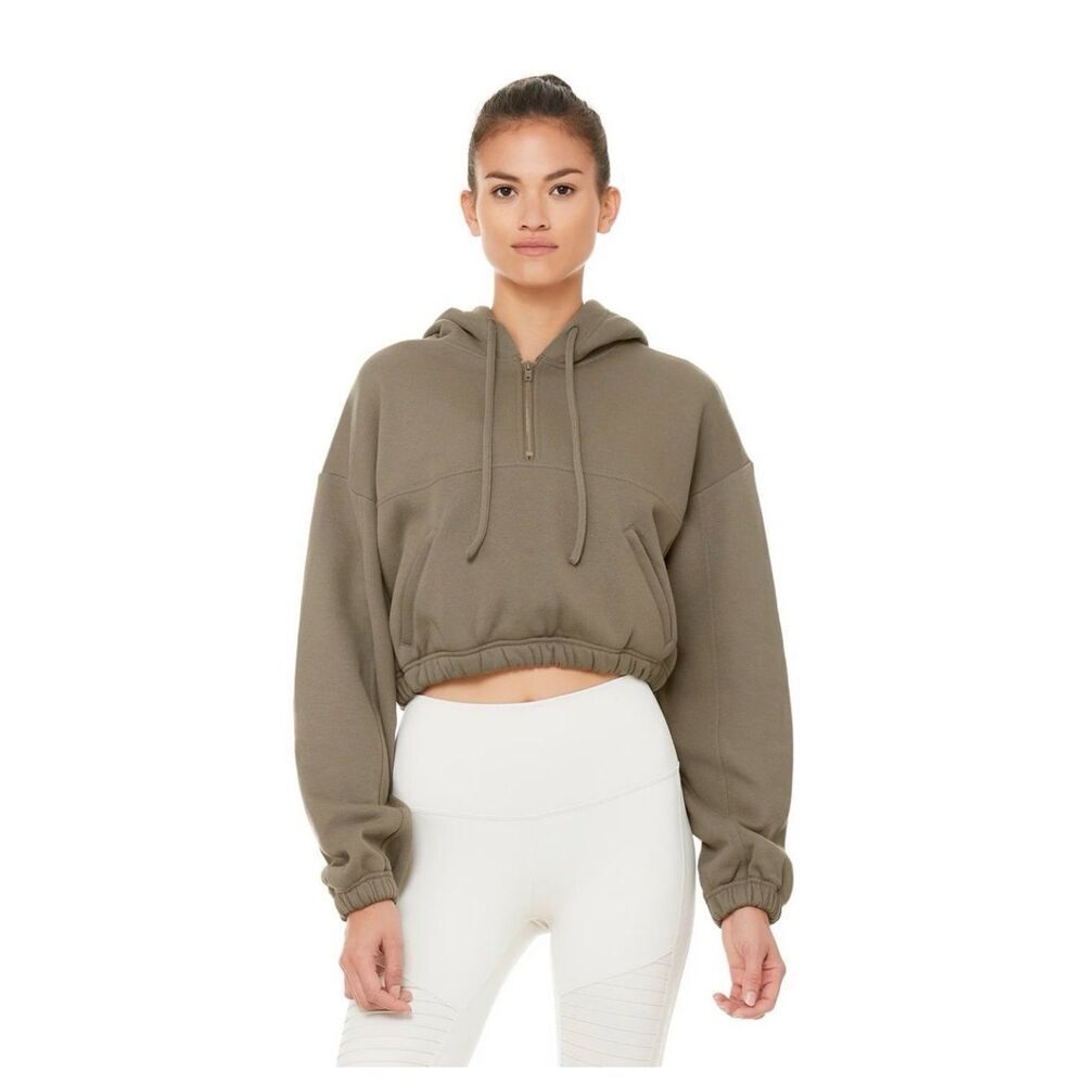 ALO Yoga Cropped Half-Zip Hoodie in Olive